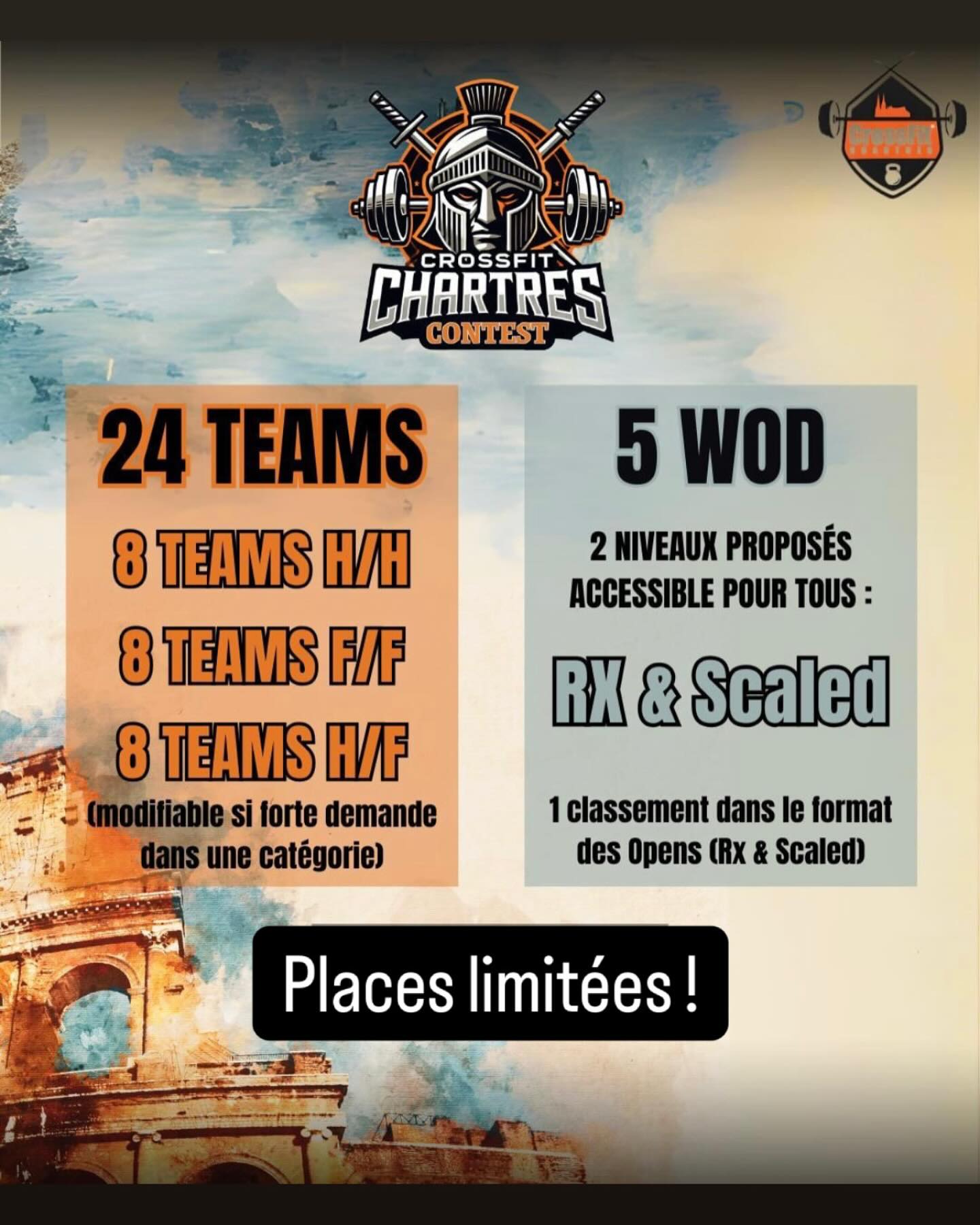  CROSSFIT CHARTRES CONTEST - 6 AVRIL 🏋️‍♀️🔥<br /> <br />
📢 24 équipes (modifiable selon la demande):<br />
✅ 8 teams H/H<br />
✅ 8 teams F/F<br />
✅ 8 teams H/F<br /> <br />
🔥 5 WODs au programme<br />
💪 2 niveaux : RX & Scaled<br />
📊 Classement au format des Opens<br /> <br />
⚠️ Places limitées ! Inscris-toi vite ! 🏃‍♂️🔥<br /> <br />
Tag ton partenaire et prépare-toi à tout donner ! 💥💯<br /> <br />
#CrossFitChartres #ChartresContest...